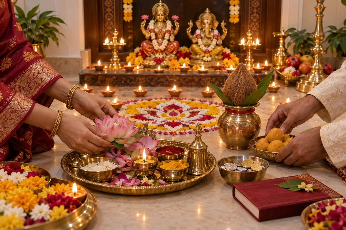 Diwali Lakshmi Puja arrangement with lamps, flowers, kalash and offerings