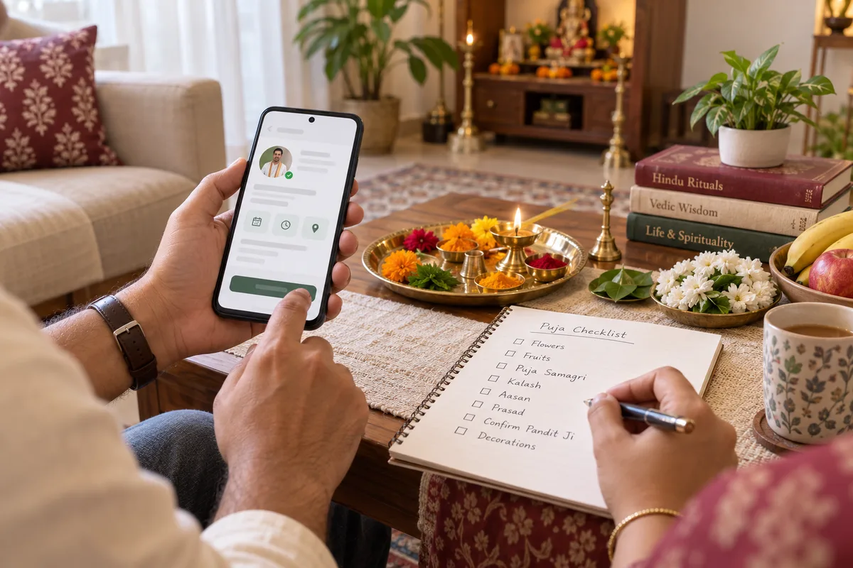 Family reviewing a puja booking checklist with a pandit online