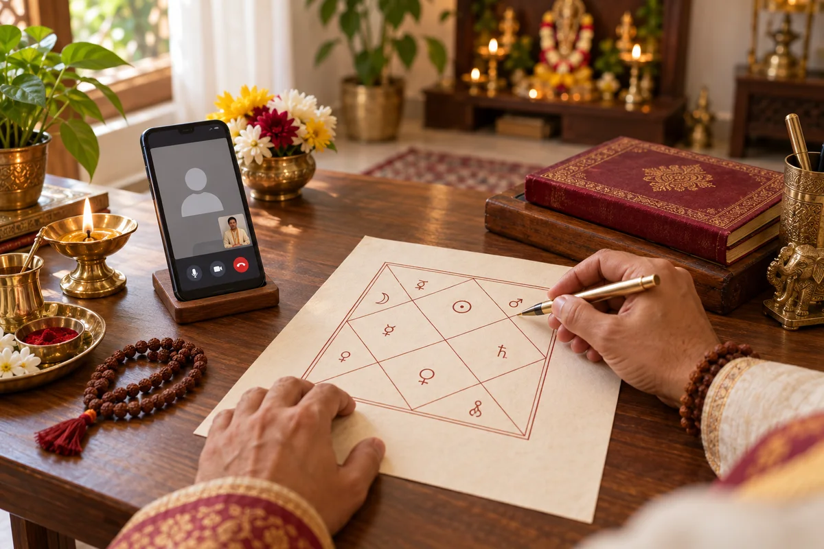 Astrologer reviewing a traditional kundli chart during an online video consultation