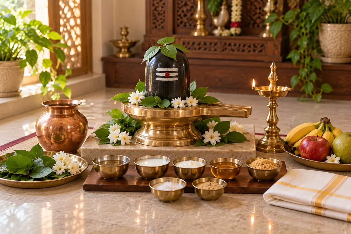 Shiva linga with bilva leaves, flowers, brass lamp and Rudrabhisheka preparation bowls