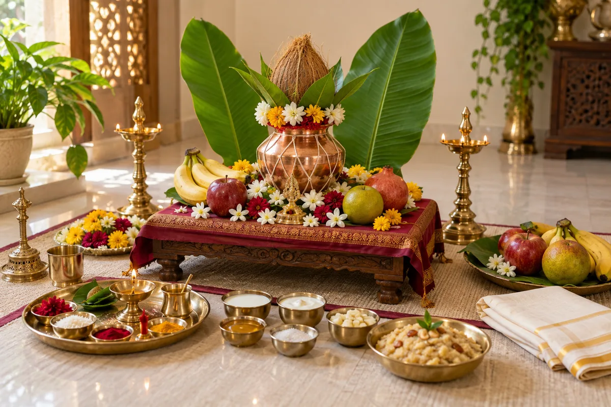 Satyanarayan Puja setup with kalash, flowers, fruit, lamp and prasad