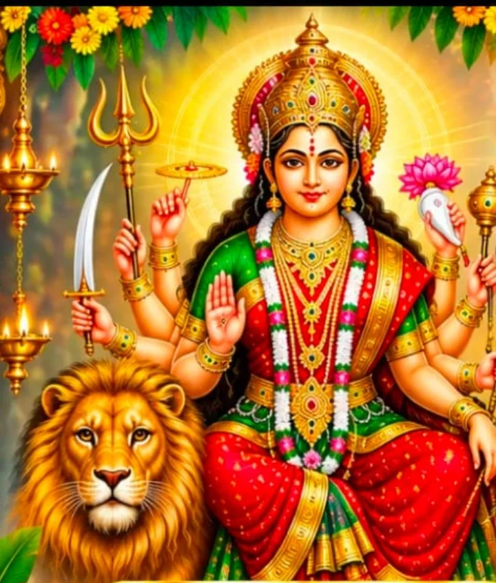 Goddess Durga seated on her lion, holding the trishul, sword, chakra, lotus and conch