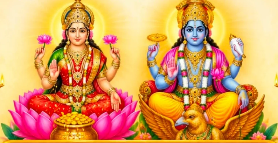 Goddess Mahalakshmi seated on a lotus beside Lord Narayana on Garuda